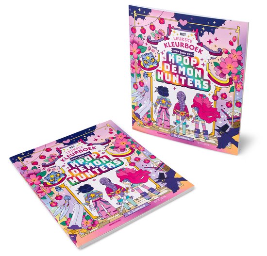 Deux exemplaires du livre de coloriage 'KPop Demon Hunters', montrant des filles en tenues colorées avec des épées.