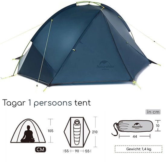 Naturehike Tagar 1 - 1 persoons lichtgewicht tent - Waterdichte kampeertent - 20D 4000MM - Inclusief grondzeil - Outdoor koepeltent - Navyblue van Merkloos — afbeelding 3