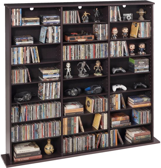Étagère à DVD VEVOR avec 24 compartiments (8 niveaux), étagère médias, étagère autoportante 142x22x130 cm, étagère de rangement économe en espace pour CD, DVD, Boeken, disques de jeu, étagère pour salon/bureau à domicile, Bruin
