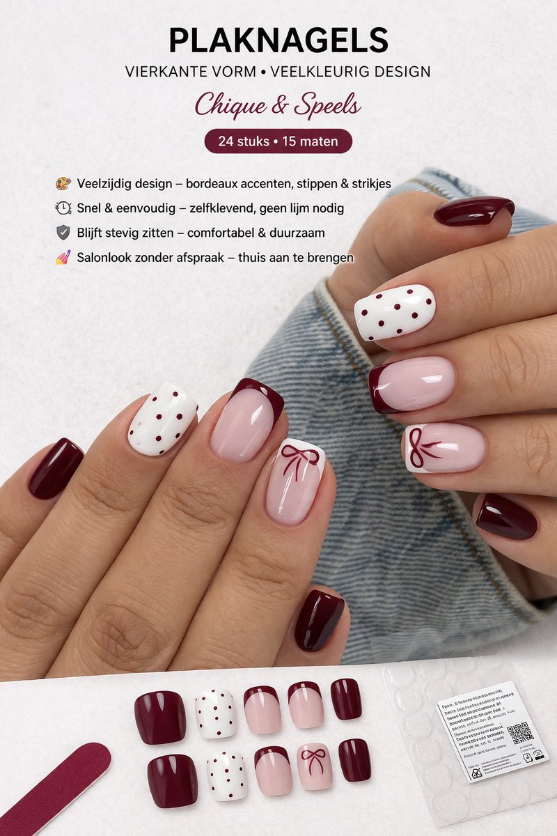 Lumière couture ® - Plaknagels - nude roze met Bordeaux en wit design- Nail art- Strikje- press on nails - kunstnagels - korte plak nagels - nepnagels- nagelset- zelfklevende nagels- zonder lijm - fake nails-