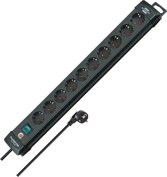 Brennenstuhl Premium-Line stekkerdoosdoos 10-voudig (verdeeldoos met schakelaar en 3m kabel -45° hoek van de veiligheidscontactdozen) zwart