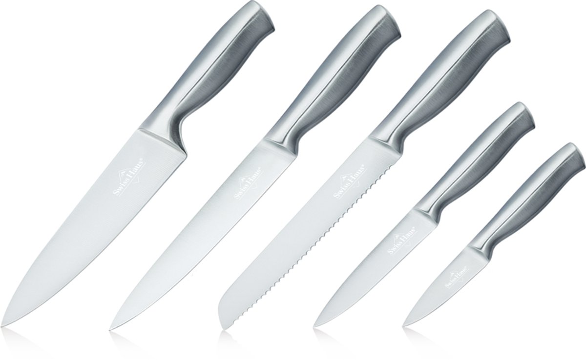 Swiss Haus® KS5S Messenset - 5 Delige Professionele Keukenmessen Set inclusief Broodmes, Koksmes, & Groentemes – Vaatwasbestendig – Inclusief Geschenkdoos - RVS