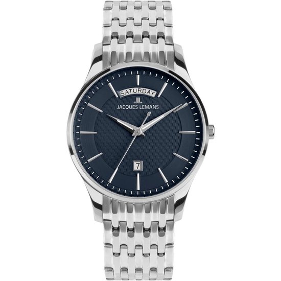 Zilverkleurig Jacques Lemans horloge met blauwe wijzerplaat, dag- en datumweergave.