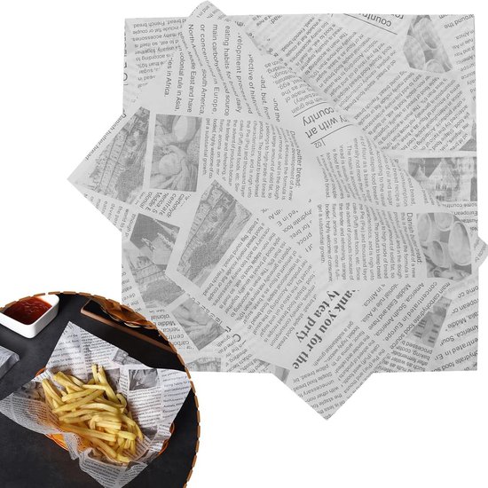 100 vetzetvrije frietzakjes – Papieren zakjes speciaal voor friet en Britse fish and chips – Ontwerp in de stijl van de krant *Daily News* – Met frietmotief – Geschikt voor jong en oud – Afmetingen: 20 x 20 cm