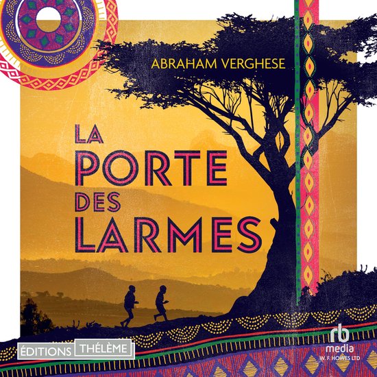 Boekcover met de titel 'La Porte Des Larmes' in paarse letters. Twee figuren rennen door een landschap met een grote boom. Oranje en gele achtergrond met tribal patronen.