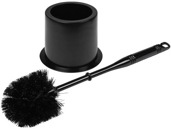 Brosse de toilette noire avec son support, posée sur un fond blanc.