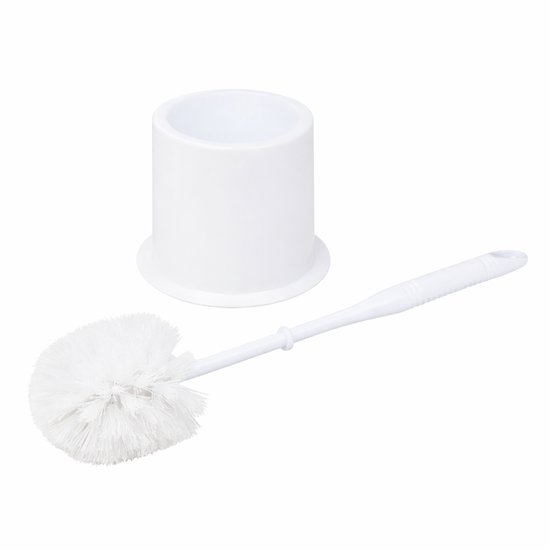 Brosse de toilette blanc mat et son support, photographiés séparément sur fond blanc.