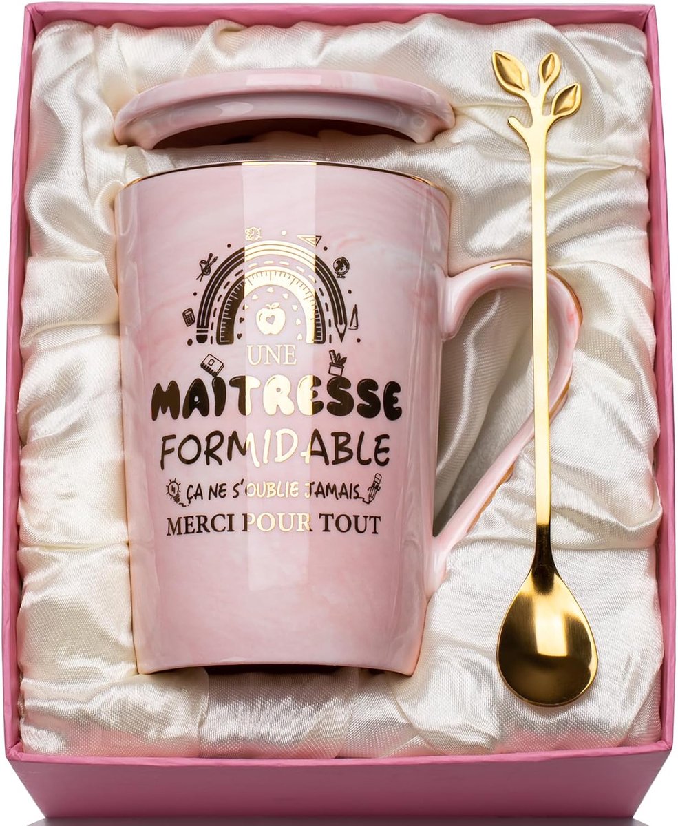 Lerares Mok - Bedankje Cadeau - School Bedanken - Met Lepel Deksel - 400ml - Marmer
