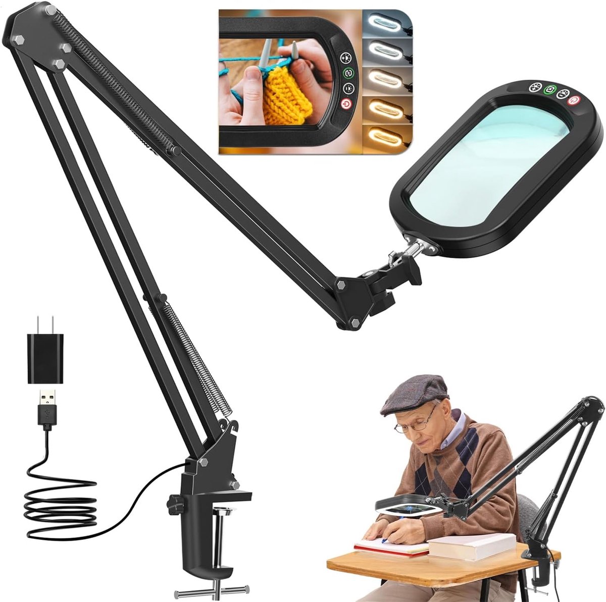 Loep met Licht - Vergrootglas Klem - Precisiewerk Handwerk - 10x Echte Glaslens - Groot Zwenkarm - 5 Kleurmodi