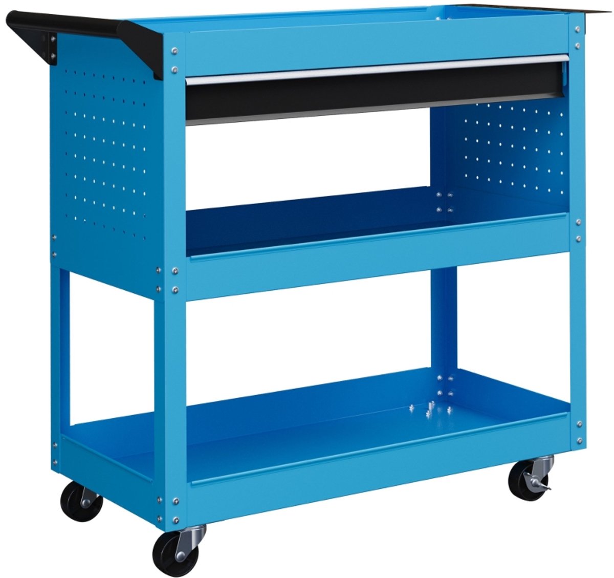 Gereedschapswagen ROLIPO - Werkplaatswagen - Gereedschapstrolley - Gereedschapskar met lade en zijpaneel - 3 etages - 4 wielen met 2 remmen - met handgreep - metaal - blauw - 82 x 35 x 76 cm - draagvermogen 60 kg