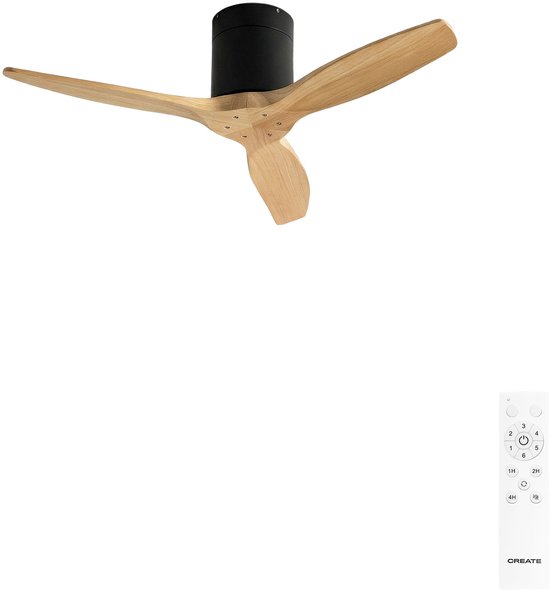 40W stille plafondventilator met ABS bladen, afstandsbediening, IP44, zomer- en winterfunctie, Ø112 cm, zwart/houtlook
