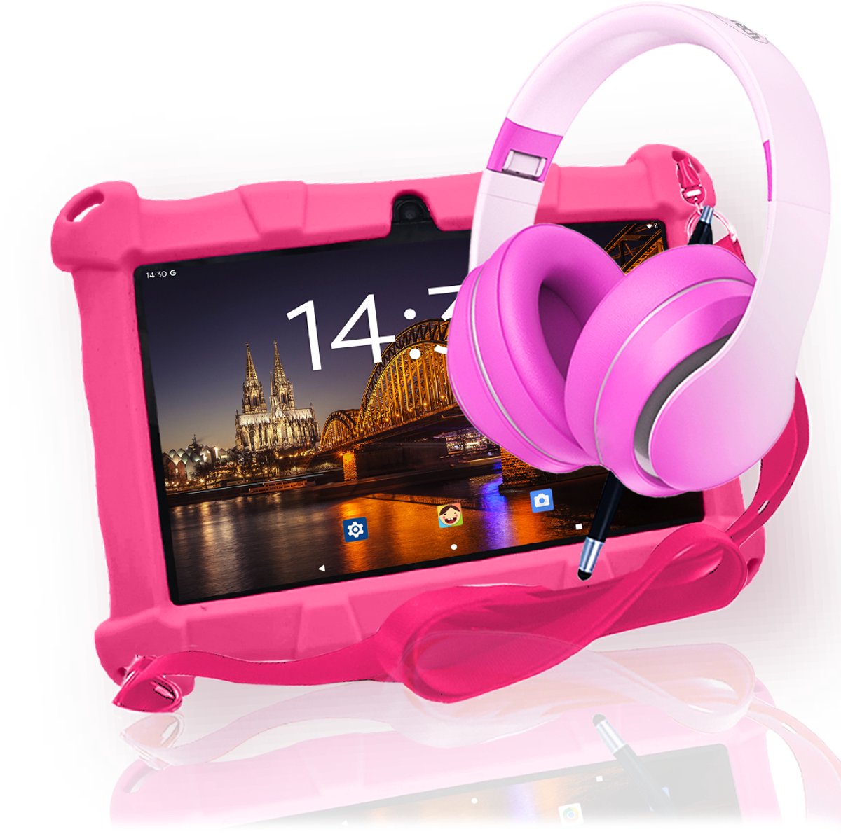 AngelTech Kinderpakket Slim – AngelTech Kindertablet Slim + AngelTech Kinderkoptelefoon – Combipakket – Kindertablet Vanaf 3 Jaar – Kinder Tablet – Kids Tablet – Tablet voor Kinderen- Roze