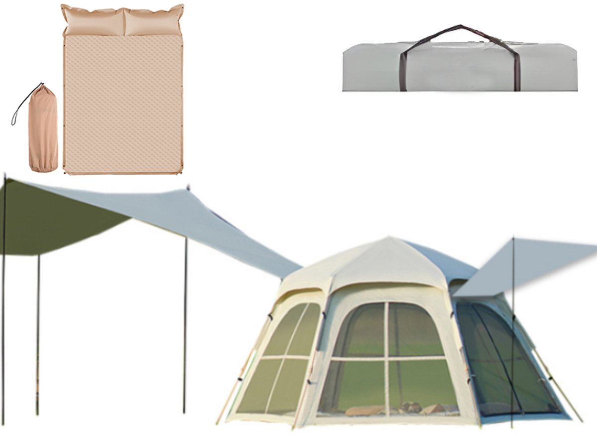 Pop-up Familietent met XXL Zonnescherm en Slaapmat - 4-Persoons Koepeltent - Opzetten in 3 Seconden - Inclusief Voorluifel voor Extra Leefruimte - Waterdichte kampeertent - pop up tent voor Kamperen - festival tent + Draagtas - Wit