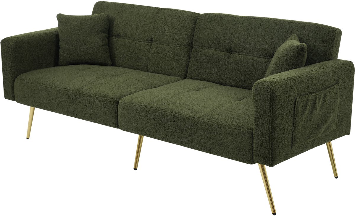 Wishdor - Slaapbank Met Verstelbare Rugleuning En Opbergvakken - Modern - Voor Logeerkamer - Lamswollook En Groen - 175 X 64 X 72 Cm