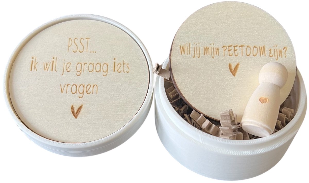 Doosje baby | peg doll | wil jij mijn peetoom zijn | peter vragen | peter worden | peetoom vragen | cadeau | doosje met een vragen | peetoom woag