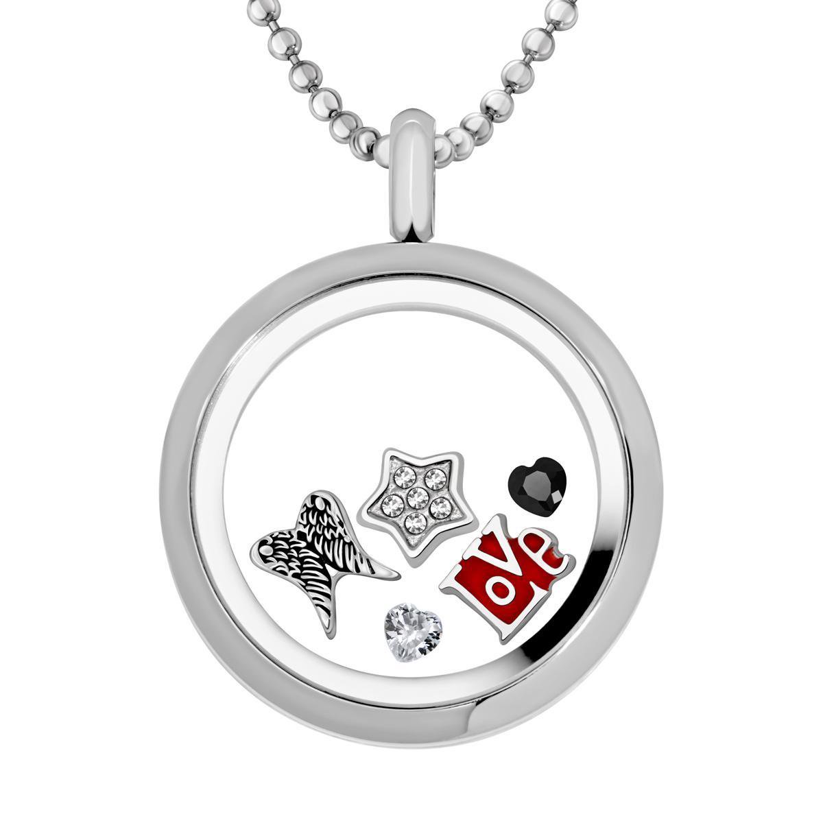 Quiges Memory Medaillon RVS 30mm met Ketting 90cm en 5 Floating Charms - CLS005
