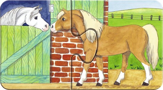 Een bruin paard met een blonde manen bij een stal, kijkt naar een wit paard.