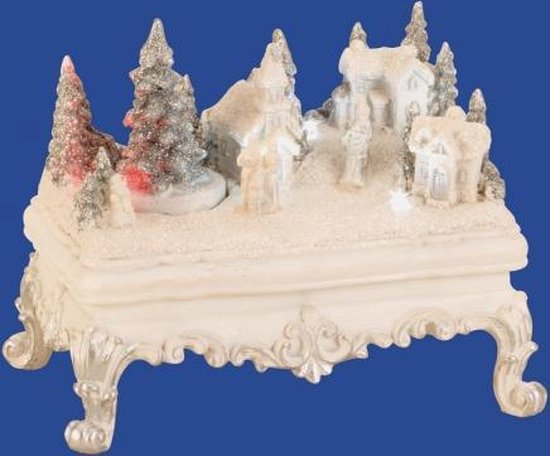 Witte tafel met Kersthuis Kerstdorp Draaiende Kerstboom