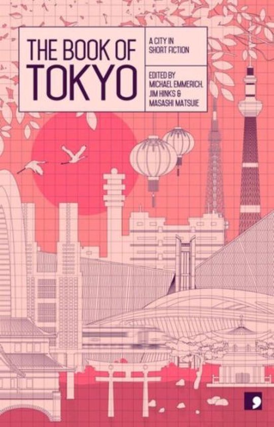 Boek 'The Book of Tokyo', een stad in kort proza, met een illustratie van de skyline van Tokio in roze en witte tinten.