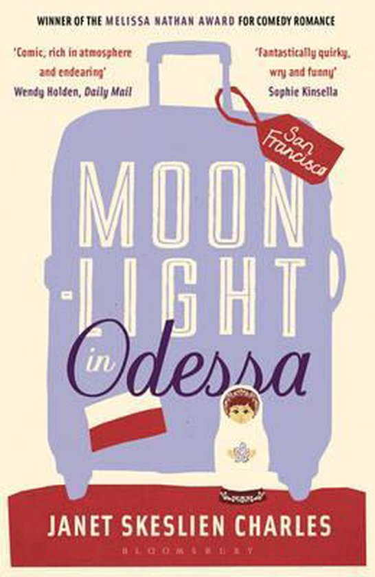Boekomslag 'Moonlight in Odessa' met een paarse koffer, een matroesjka-pop en een rood label naar San Francisco.