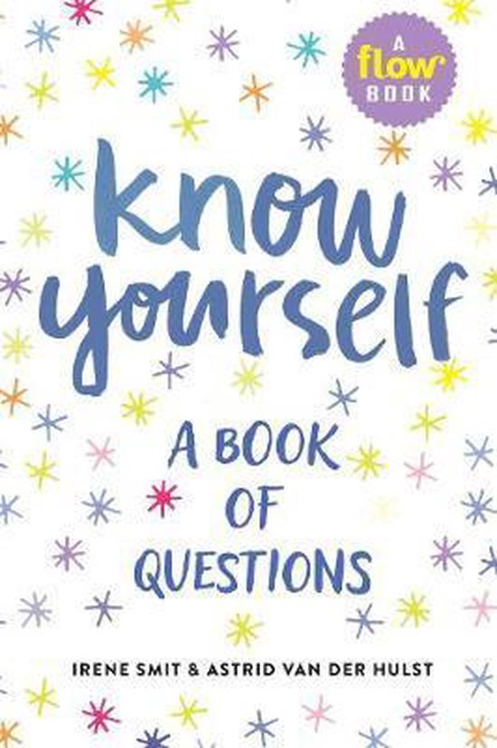 Boek met de titel 'Know yourself, a book of questions' met kleurrijke sterretjes als achtergrond.