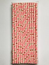 25 rietjes - papier - kleuren: roze / wit / rood / groen - motief: rode roos in witte bloem met roze achtergrond - 1 pakje met 25 rietjes