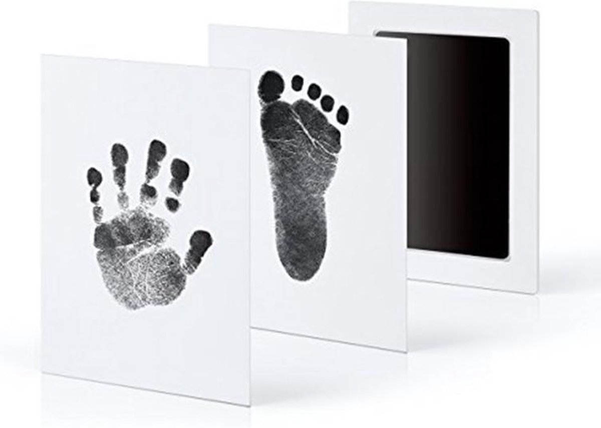 Baby handafdruk en voetafdruk fotokaartje - Baby cadeau - Zwart - Gipsafdruk alternatief! - Eenvoudig schoonmaken - incl. 2 witte kaartjes en handleiding - Baby's Essentials