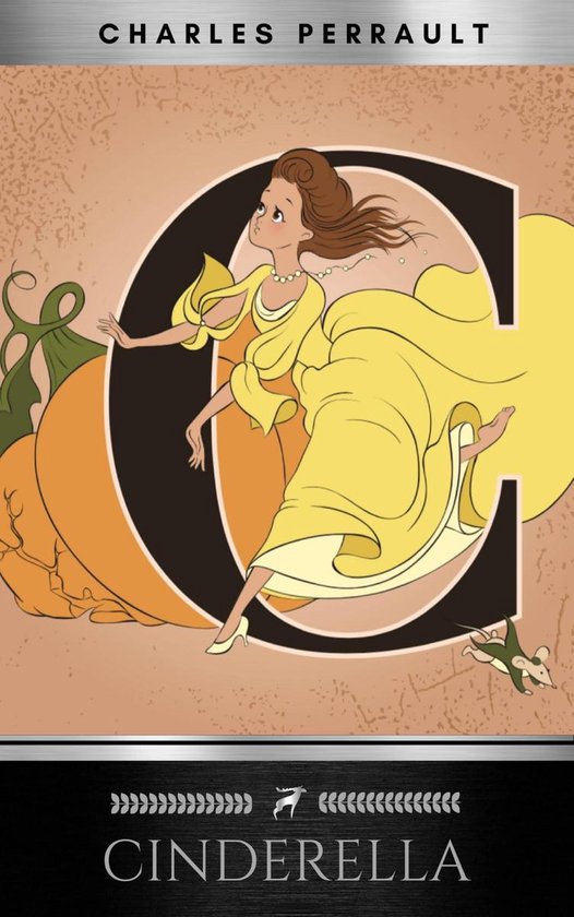 Illustration de Cendrillon dans une robe jaune, avec un grand C et une citrouille en arrière-plan.