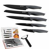 Alpina - 6-Delige luxe messenset - Santoku-mes, broodmes, vleesmes, universeel mes, schilmes en dunschiller - rvs - antikleeflaag - zwart