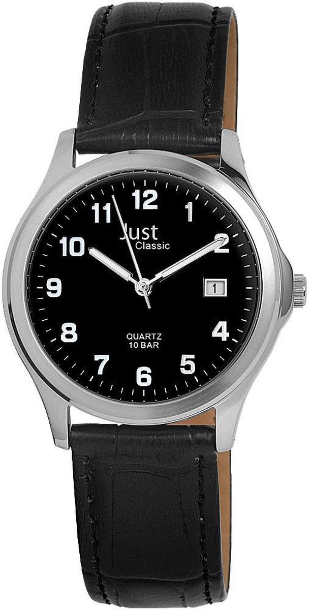 Just- Mooi heren horloge met zwart leren band en zwarte wijzerplaat met datum.