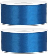 2x Hobby/decoratie kobalt blauwe satijnen sierlinten 2,5 cm/25 mm x 25 meter - Cadeaulinten satijnlinten/ribbons - Kobalt blauwe linten - Hobbymateriaal benodigdheden - Verpakkingsmaterialen