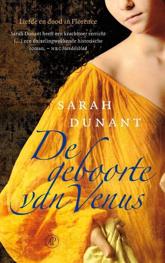 Boekomslag met de titel De geboorte van Venus, met een vrouw in een gele jurk.