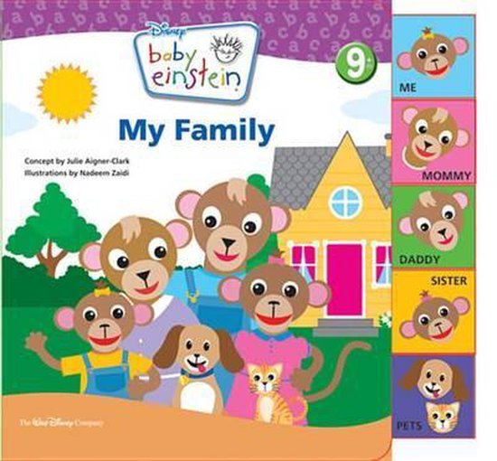 Baby Einstein "Mijn Familie" boek met apen, een hond en een kat in een huiselijke setting. Met "ME", "MOMMY", "DADDY", "SISTER", "PETS".
