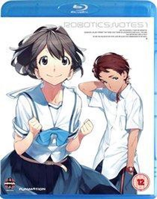 Voorzijde Blu-ray hoes van Robotics;Notes. Anime kunst van een jongen en een meisje met korte zwarte haren in schooluniform.