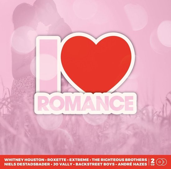 Albumcover met "I LOVE ROMANCE" en artiesten zoals Whitney Houston, Roxette, André Hazes. Zachtroze achtergrond met graan. 2 CD's.