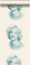 zijdedruk vlies behang Marilyn Monroe wit en turquoise - 326349