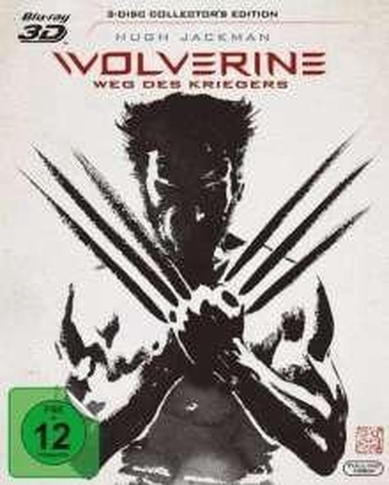 De voorkant van de Blu-ray-hoes toont een zwart-wit afbeelding van Hugh Jackman als Wolverine, zijn klauwen voor zich.