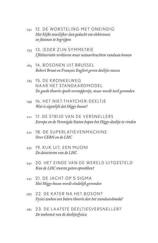 Inhoudsopgave met hoofdstuktitels over deeltjesfysica, zoals 'De worsteling met oneindig' en 'BOSONEN UIT BRUSSEL'.