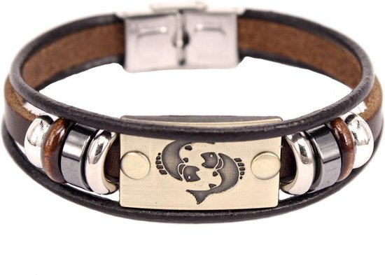 Montebello Armband Vissen - Leer - Messing - Staal - Horoscoop - 19cm