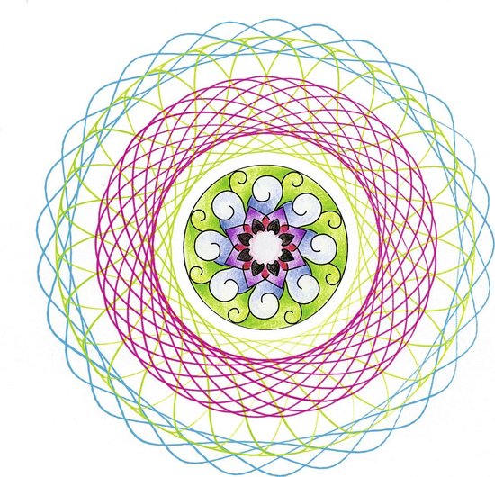 Een veelkleurige spiraaltekening met een mandala in het midden.