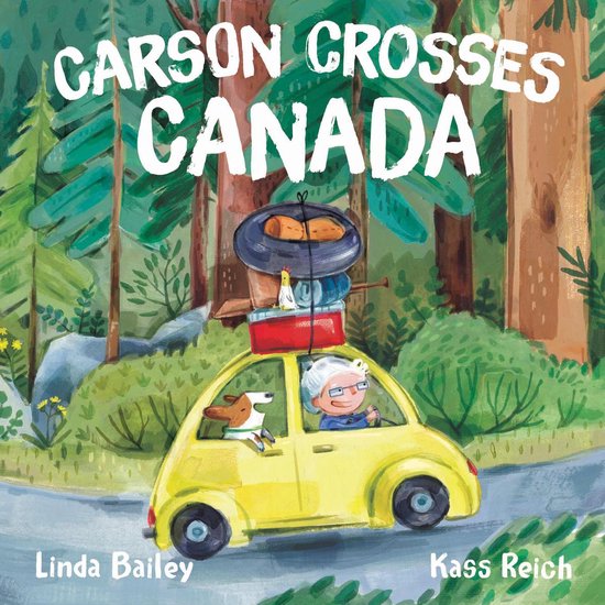Boek 'Carson Crosses Canada' met illustratie van een gele auto met een hond en een vrouw, beladen met bagage, rijdend door een bos.