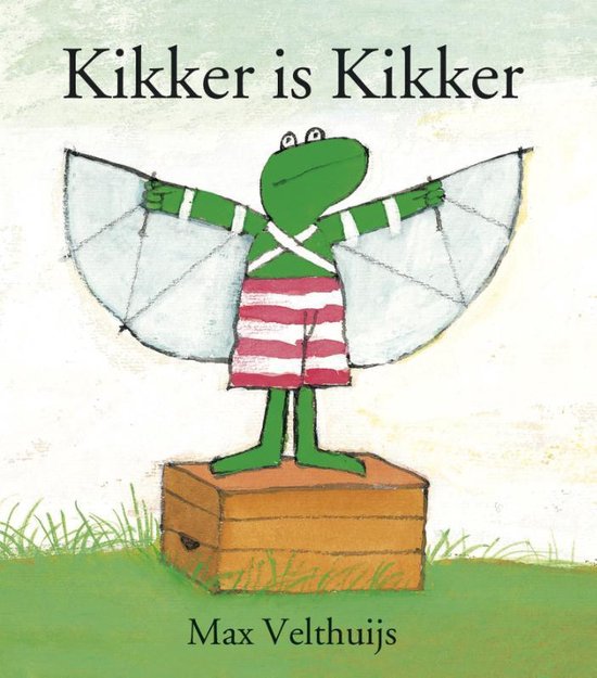 Groene kikker in gestreepte zwembroek met vleugels, staand op een houten kist. Titel: Kikker is Kikker.