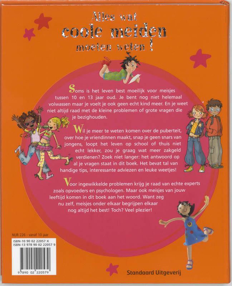 Achterkant van het boek 'Alles wat coole meiden moeten weten!' met illustraties van tieners.