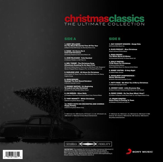Achterkant van de "Christmas Classics - The Ultimate Collection" albumhoes met de tracklist van Side A en Side B.