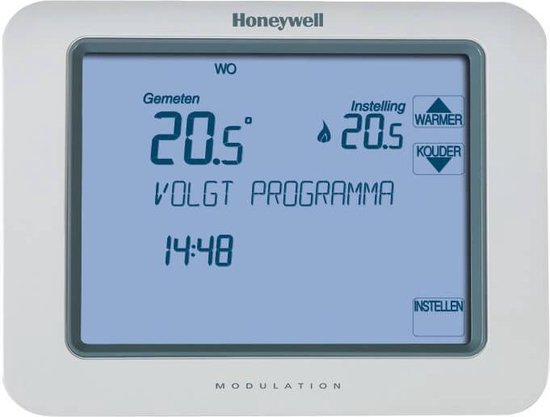 Honeywell klokthermostaat met grijs frame en een blauw scherm met 'Gemeten 20.5°' en 'Instelling 20.5°' in het Nederlands.