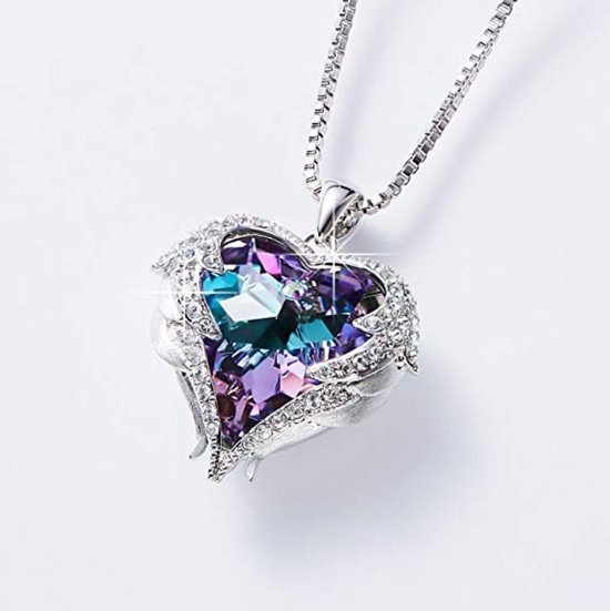 Paarse Engel Vleugel Kettingen voor vrouwen Love Swarovski® Hart Pendant Hanger - Ketting 43cm +5cm