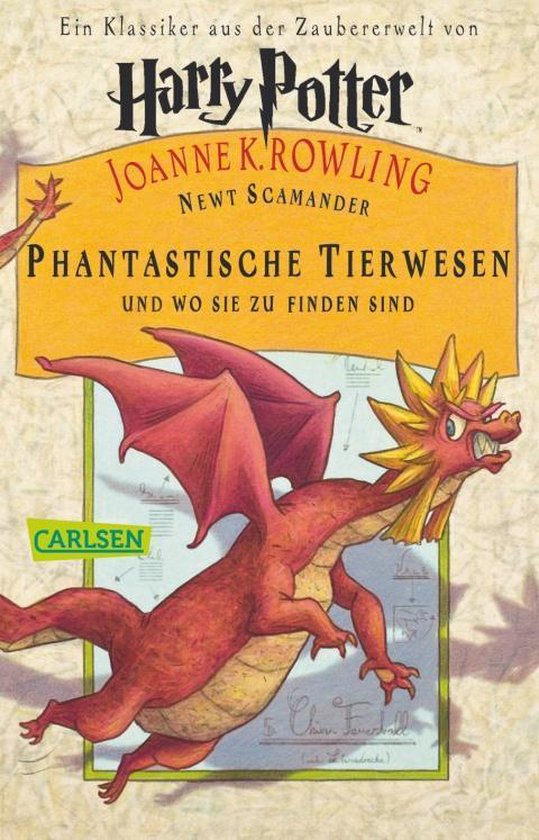 Boekomslag van 'Phantastische dierwezens en waar ze te vinden zijn' met een rode draak met vleugels en scherpe klauwen.