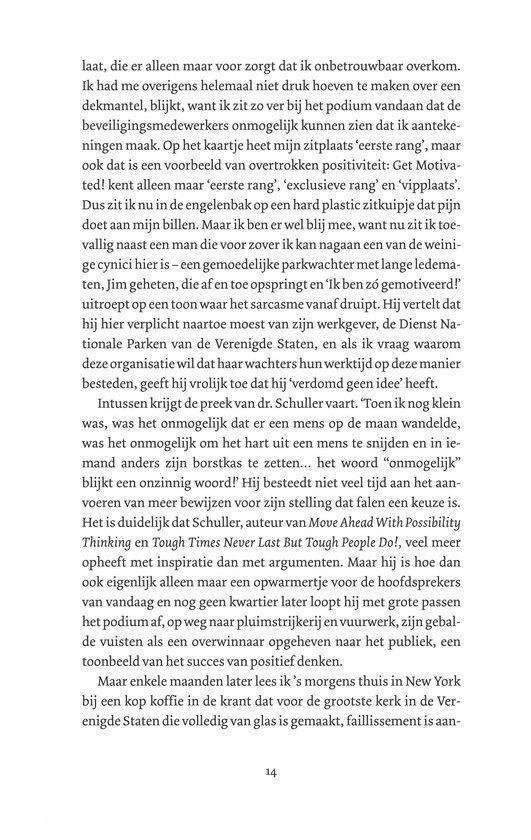 Pagina 14, tekst over het overwinnen van obstakels en het vinden van motivatie, met vermelding van Alan Watts en Eckhart Tolle. De auteur beschrijft een ervaring in een park en de impact van werk.