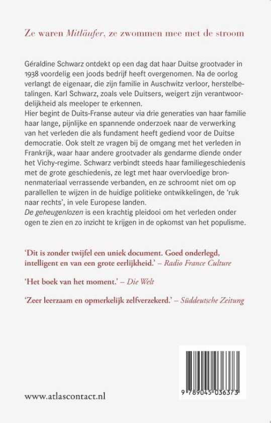 Achterkant van het boek "De Geheugenlozen" met tekst en een barcode.