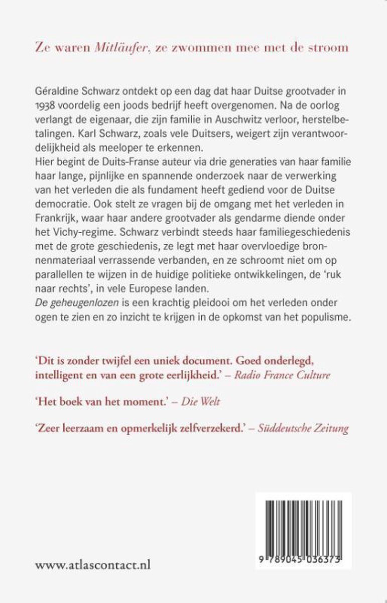 Achterkant van het boek "De Geheugenlozen" met tekst en een barcode.
